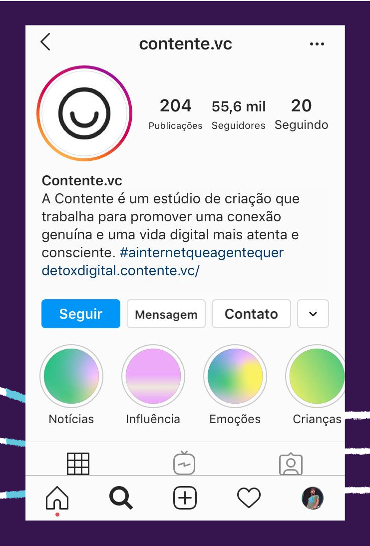 Print da tela de um celular com um dos 4 perfis do Instagram, o @contente.vc.