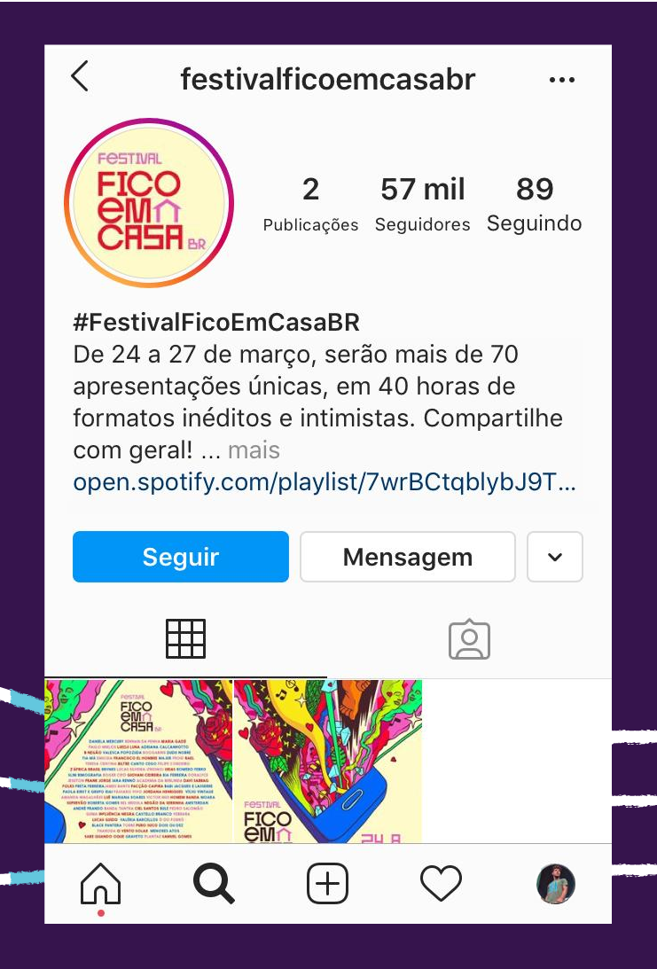 Print da tela de um celular com um dos 4 perfis do Instagram, o @festivalficoemcasabr.