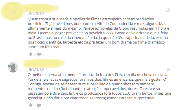 Prints dPrints de tela de pessoas comentando sobre produções nacionais.e tela de pessoas comentando sobre o cinema no Brasil.